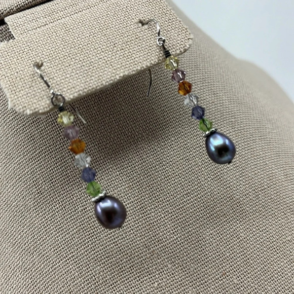 Multi-stone Swarovski Crystals and Silver Pearl 925 Drop Earrings - Picture 5 of 13
